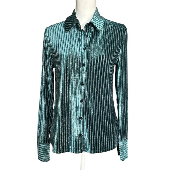 HOUSE of HARLOW  1960 Teal Velvet Silver Metallic Button Up sz XS Burnout Stripe - Picture 2 of 9